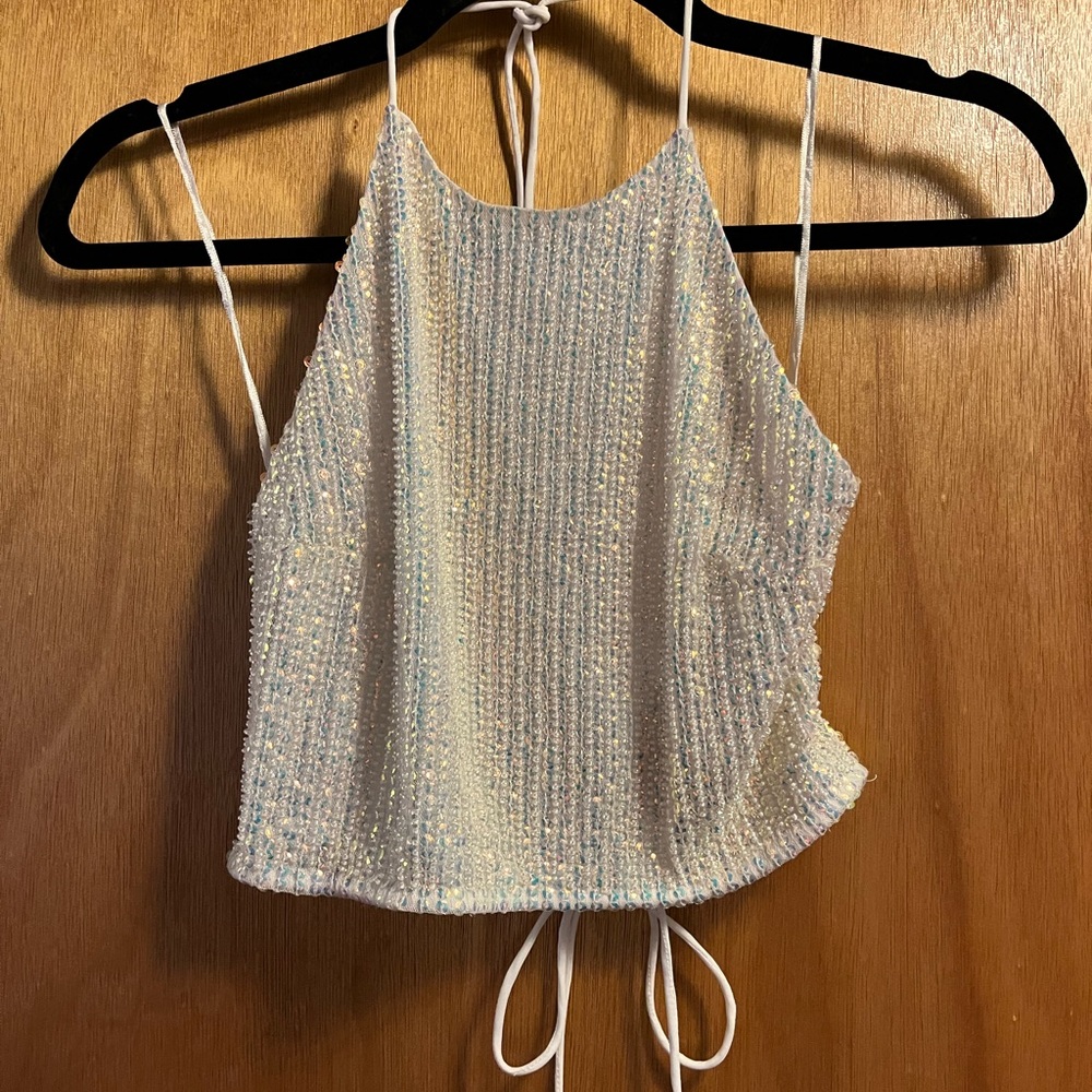 Topshop Sequin Tie Up Crop Top